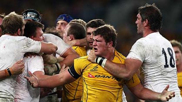 James Slipper claims an eye-gouge during the Cook Cup Test Match between the Wallabies and England.