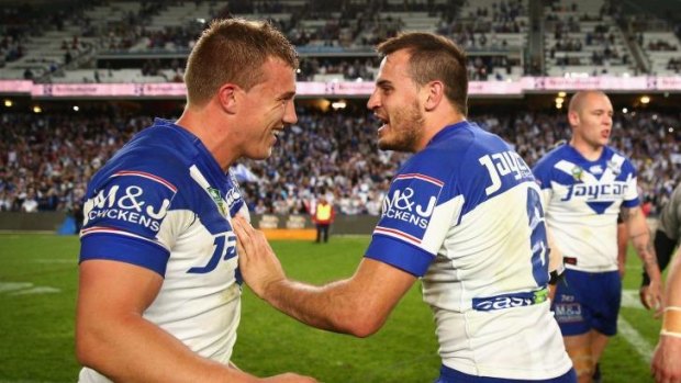 Canny duo: Canterbury halves Trent Hodkinson and Josh Reynolds celebrate the playoff win over Manly.