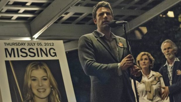 Gone baby, gone: Nick Dunne (Ben Affleck) pleads for the return of his wife Amy (Rosumund Pike) in David Fincher's thriller <i>Gone Girl</i>.