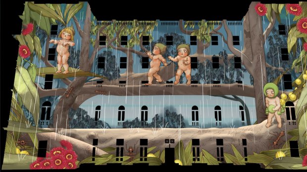 An artist's impression of a Snugglepot and Cuddlepie projection to be part of Vivid Sydney.