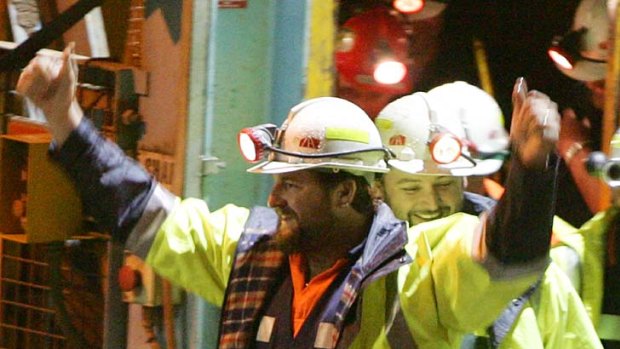 Real life ... miners Todd Russell, left, and Brant Webb emerge from the mine.