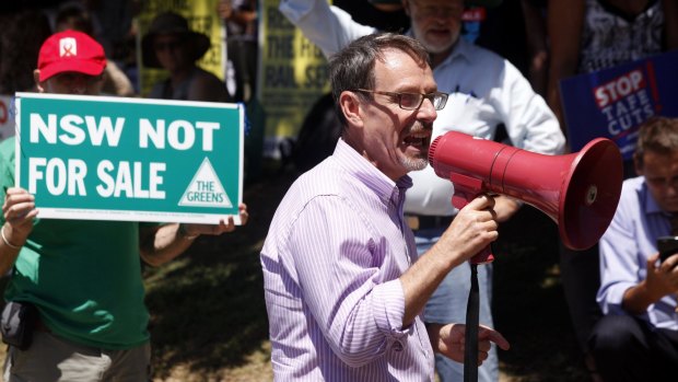 NSW Greens MLC John Kaye protests TAFE cuts. 