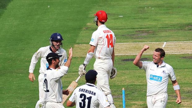 Oh yeah: Peter Siddle (right) captures the wicket of Peter George yesterday.