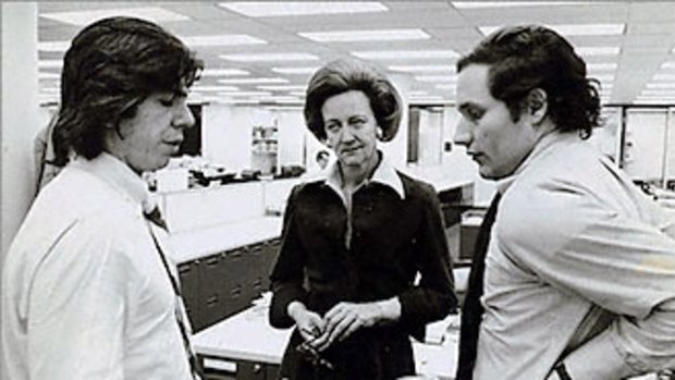 Katharine Graham, publisher, with <i>Washington Post</I> reporters Carl Bernstein (left) and Bob Woodward in 1972.