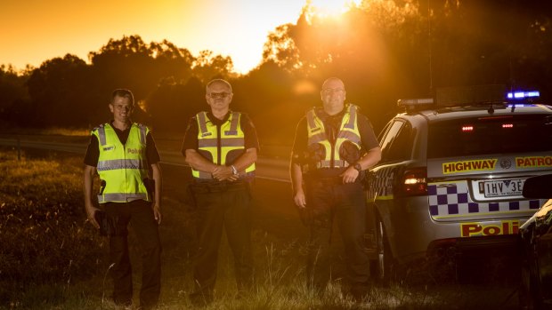 Benalla Highway Patrol officers on the Hume Highway: (from left) Leading Senior Constable Larry Piscioneri, Senior Sergeant Ralph Willingham, and Leading Senior Constable Terry Smith. 