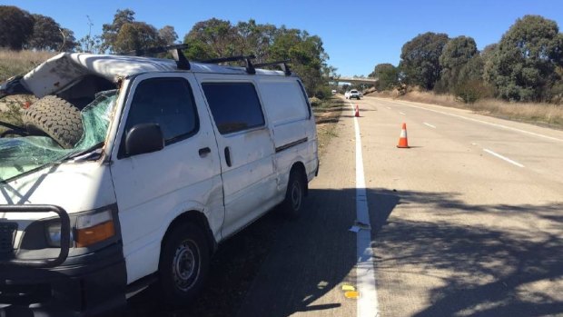 The tyre that hit the white Toyota van on Hume Highway on Wednesday, April 19.?