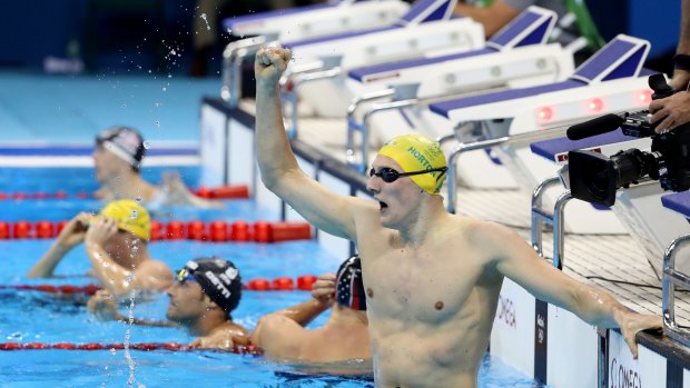 Mack Horton celebrates winning gold in the men's 400m freestyle.