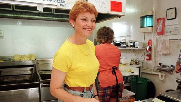 Former Member for Oxley Pauline Hanson, working in her seafood shop in 1996. The store is now in the federal seat of Blair.