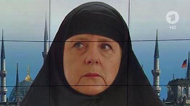 German Chancellor Angela Merkel portrayed as a Muslim by the ARD television channel.