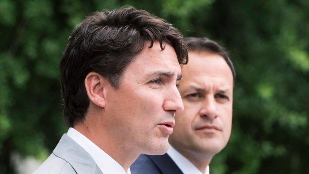 Prime Minister Justin Trudeau, left, speaks to the media with  Irish counterpart Leo Varadkar.