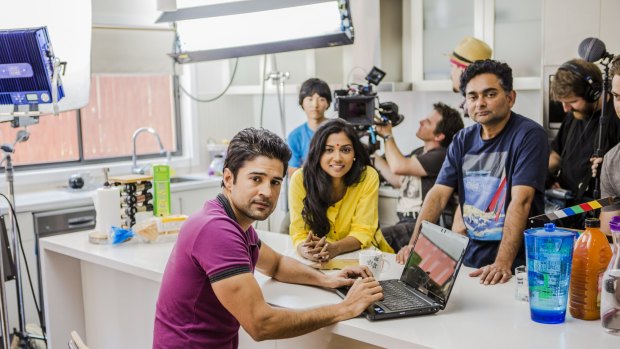 Feature film Salt Bridge, by Canberra director Abhijit Deonarth is currently being filmed around town. (Front from left), Rajeev Khandelwal, Usha Jadhav, and Abhijit Deonath.