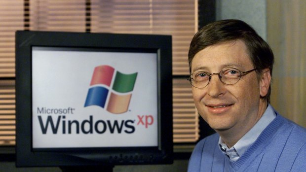 Microsoft chairman and then chief software architect Bill Gates next to a computer with Windows XP (previously code-named "Whistler") at the time of  launch in 2001.
