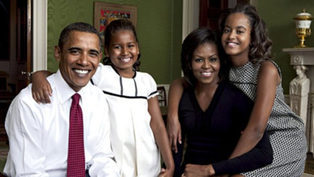 Celebrity photo shoot in the Green Room ... President Barack Obama, his wife Michelle and their children Sasha, 7, left, and Malia, 10.