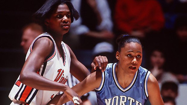 Marion Jones playing basketball for North Carolina in 1994.