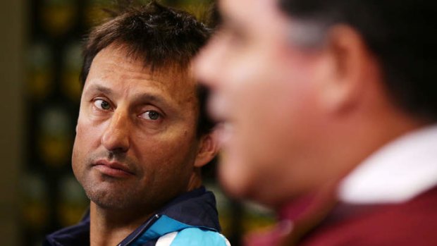 Confident: NSW coach Laurie Daley and his Maroons counterpart, Mal Meninga, face the press - and each other - at Rugby League Central.
