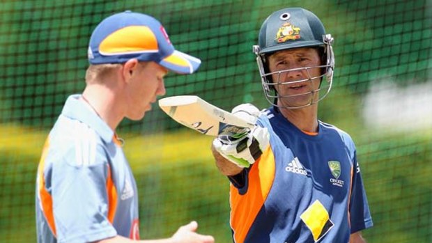 Australian captain Ricky Ponting has a word with new squad member Xavier Doherty at training yesterday.