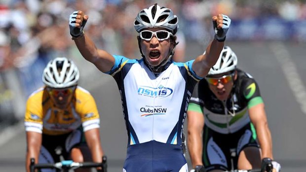 Cavendish-like: Teenager Caleb Ewan notches his second win in the Bay Cycling Classic series in Geelong yesterday.