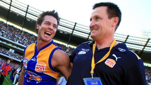 Ben Cousins and John Worsfold after the 2006 premiership win at the MCG.