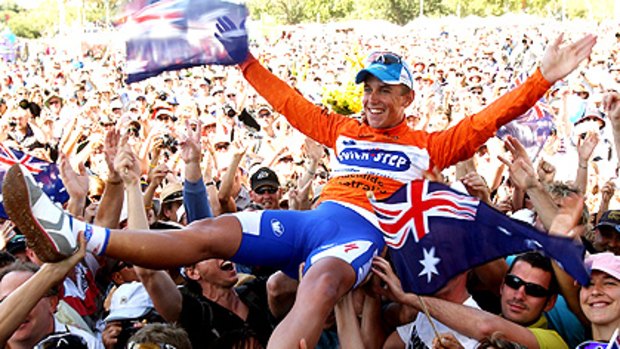 Allan Davis celebrates his win in last year's Tour Down Under.