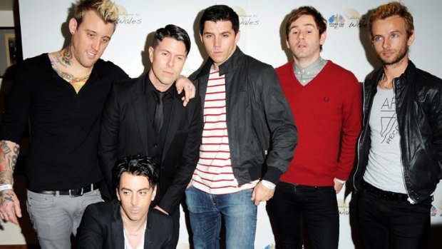 Lostprophets musicians (L-R) Luke Johnson, Ian Watkins, Jamie Oliver, Mike Lewis, Stuart Richardson and Lee Gaze, in 2010.