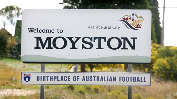 Claim to football fame: Welcome sign at Moyston.