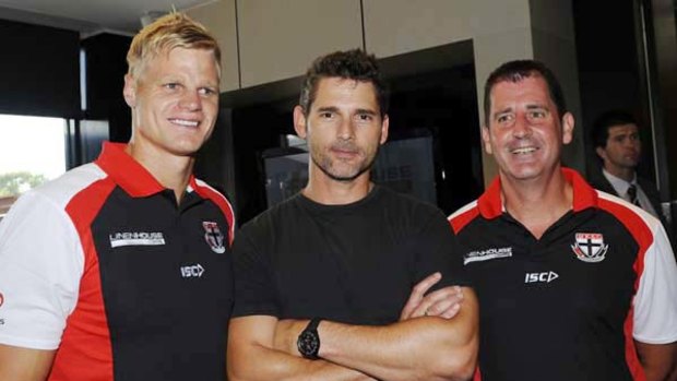Nick Riewoldt, No. 1 supporter Eric Bana and coach Ross Lyon at St Kilda's new Seaford base yesterday.