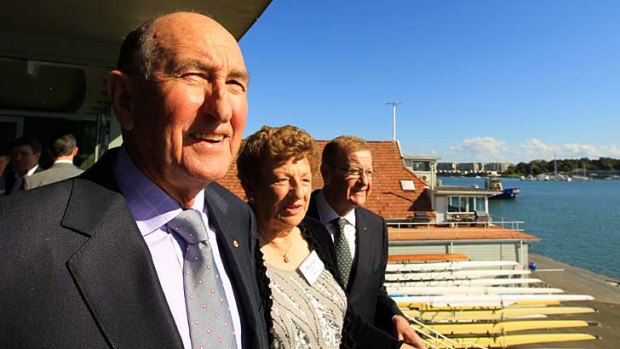 Herb Elliott, left, Marjorie Jackson-Nelson and the head of the Australian Olympic Committee  John Coates at the Sydney Rowing Club today during the 59th reunion of the 1952 Helsinki Olympics Australian team.