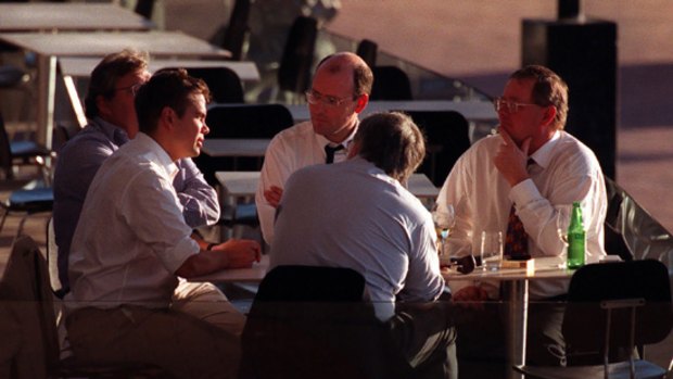 Col Allan (far right) has drinks at Sydney's Wokpool with Lachlan Murdoch, Piers Akerman and Mark Day.