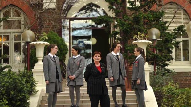 Genazzano College principal Patricia Cowling with students Sarah Code, Maria Amato, Laura Toscana and Natalie Bischof.