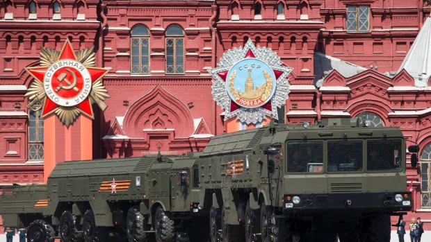 Iskander missile launchers are driven during the Victory Parade marking the 70th anniversary of the defeat of the Nazis in World War II, in Red Square in Moscow. 