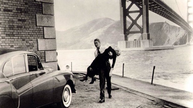 James Stewart and Kim Novak against familiar San Francisco scenery in <i>Vertigo</i>.