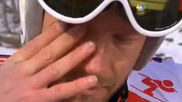 Overcome with emotion: Bode Miller is interviewed by NBC.