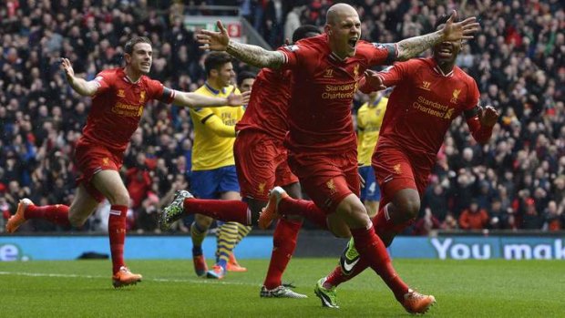 Liverpool's Martin Skrtel celebrates scoring against Arsenal last weekend.