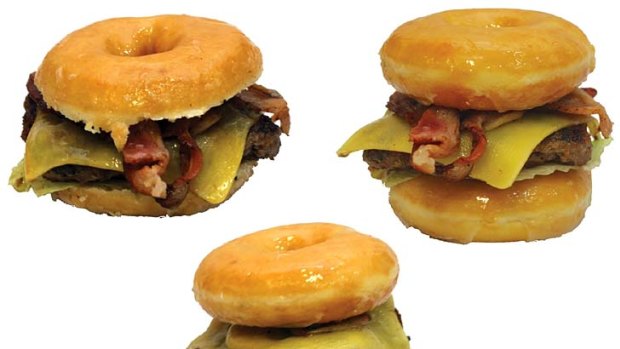 The OMG Double Double burger contains two meat patties, two slices of cheese, bacon and lettuce sandwiched between two Krispy Kreme doughnuts.