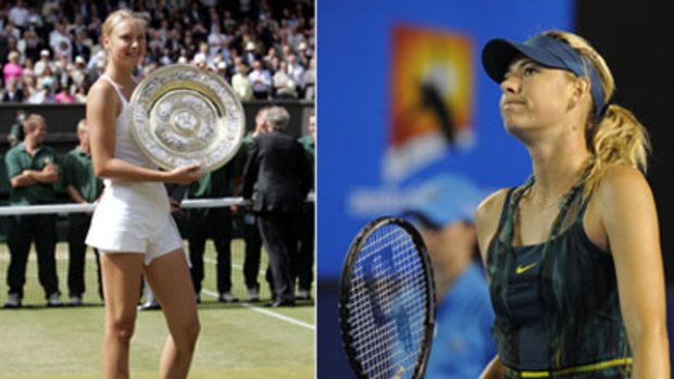 Maria Sharapova winning Wimbledon at age 17 and, right, being bundled out of last year's Australian Open.