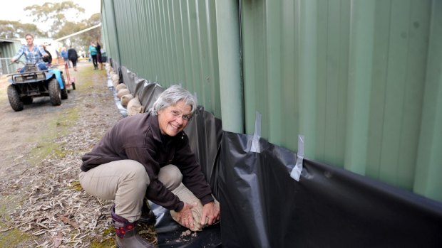 Adele Marshall, from Wonwondah, placed sandbags around Riverside Equestrian Centre in preparation for possible floods.