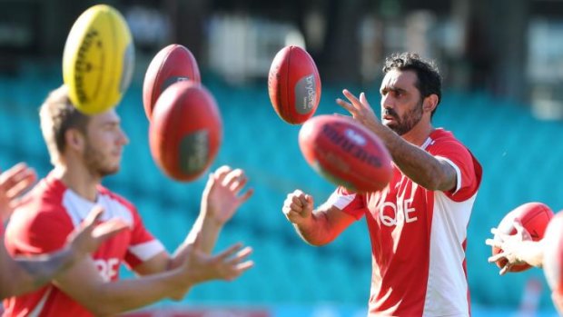 Going strong: Swans champion Goodes will sit down for contract talks with John Longmire.