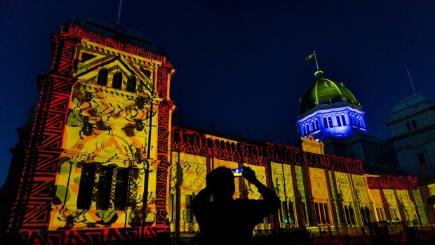 The display on the Royal Exhibition Building by Ballarat's Pitcha Makin Fellas and Portuguese creative studio OCUBO is a humorous and contemporary reinterpretation of traditional Indigenous storytelling. 