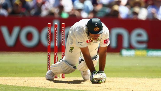 Upended: Ricky Ponting is bowled on Thursday.