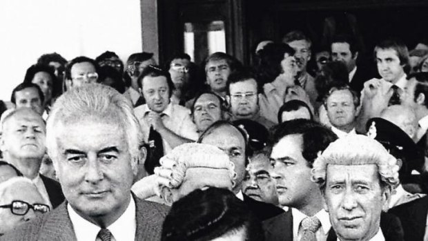 Gough Whitlam (left) on the steps of Parliament before delivering his famed speech beginning "Well may we say God save the Queen..."