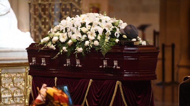 The casket of John (Johno) Johnson is seen during his state funeral at St. Mary's Cathedral in Sydney.Mr Johnson, described as "the heart, soul and sinews" of the NSW Labor party, died in Sydney on August 9, aged 87. 