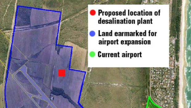A map showing the proposed Sunshine Coast airport expansion at Marcoola and the lot designated for the new desalination plant.