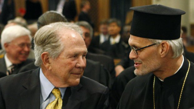 Pat Robertson (left) at an ecumenical prayer service in New York in 2008.