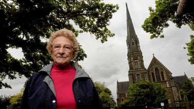 Joan Chambers, a member of Ballarat's Pleasant St church and an opponent of the Uniting Church auctions, is pictured in front of St Andrews Church, which was passed in for $2.5 million.