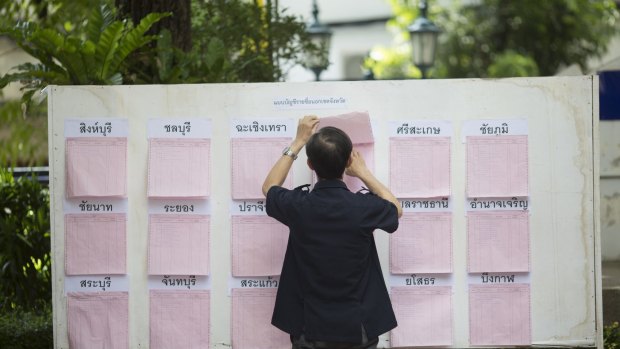 A voter checks a registration board at a polling station in Bangkok on Sunday. 