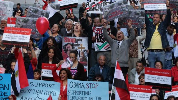 Angry protest: Coptic Christians demonstrate in Sydney on Saturday against Egypt's Muslim Brotherhood.