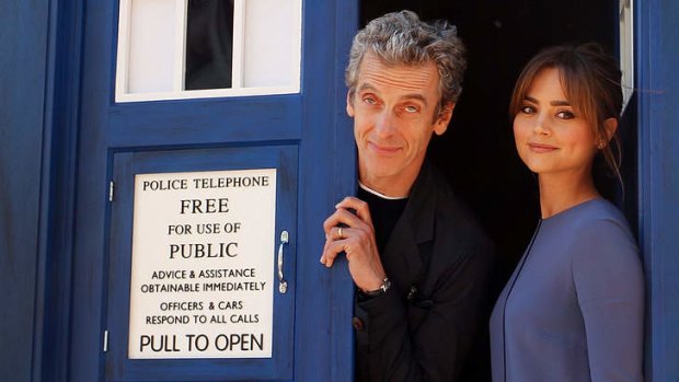 The new doctor: Peter Capaldi poses with his on-screen companion Jenna Coleman.