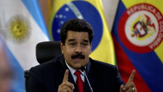 Venezuela's President Nicolas Maduro speaks at a meeting with a South American delegation of foreign ministers in Caracas.