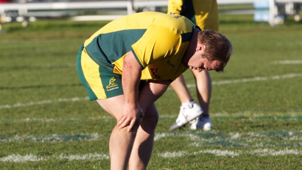 In doubt ... Benn Robinson grabs his knee in pain at training yesterday.
