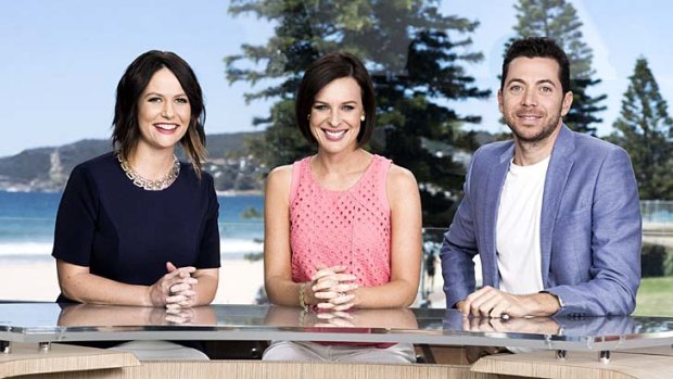 Breezy: The <em>Wake Up</em> breakfast team on their Surf City set, from left: Natasha Exelby, Natarsha Belling and James Mathison.